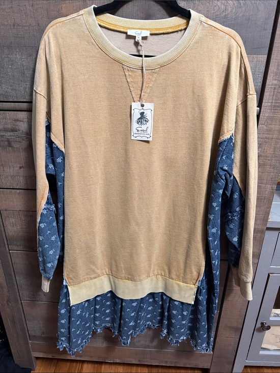 easel Dresses & Skirts - Easel Tan Denim Contrast Ruffle Tunic Top Medium NWT Boho Oversized